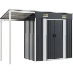 Trädgårdsbod med förlängt tak i stål - Förvaring för verktyg och möbler | Färg: Antracit | Storlek: 277x107x181 cm