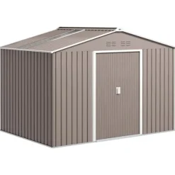 Trädgårdsbod utomhus - Metallförråd - 277 x 195 x 192 cm - Glasfibertak - Skjutdörr - Förstärkt bas (utan golv) - Grå