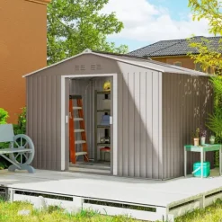 Trädgårdsbod utomhus - Metallförråd - 277 x 195 x 192 cm - Glasfibertak - Skjutdörr - Förstärkt bas (utan golv) - Grå