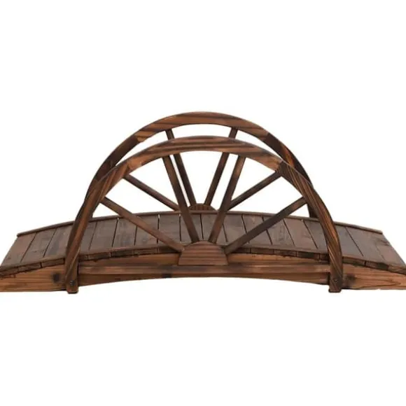 Trädgårdsbro med hjulhalvor - Hållbar gångbro i granträ | Storlek: 99x50x38 cm