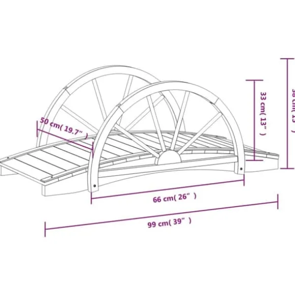 Trädgårdsbro med hjulhalvor - Hållbar gångbro i granträ | Storlek: 99x50x38 cm