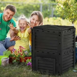 Trädgårdskompost - Kompostbehållare - 300 L Kapacitet - 48 Ventilationshål - 60,5×60,5×81,5 cm - Plast - Svart