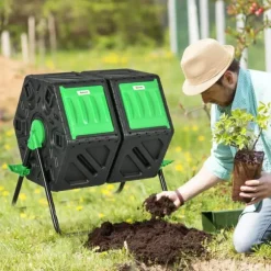 Trädgårdskompost - Roterande komposttumbler - Dubbelkammare - 130 l - Metall - 67 x 60 x 77 cm - Svart