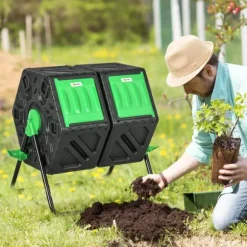 Trädgårdskompost - Roterande komposttumbler - Dubbelkammare - 130 l - Metall - 67 x 60 x 77 cm - Svart