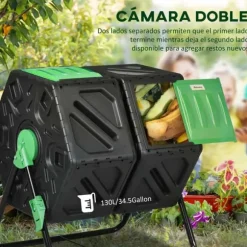 Trädgårdskompost - Roterande komposttumbler - Dubbelkammare - 130 l - Metall - 67 x 60 x 77 cm - Svart