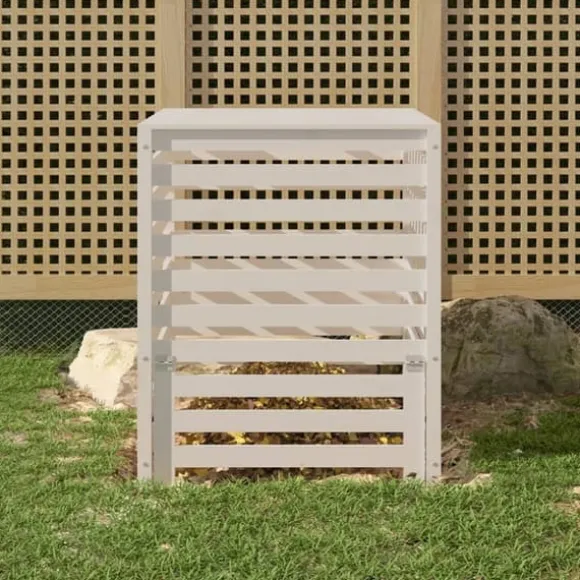 Trädgårdskompost av massiv furu - Hög kapacitet med praktiskt lock | Storlek: 82,5x82,5x99,5 cm | Färg: Vit