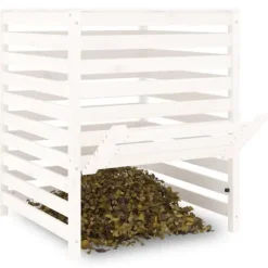 Trädgårdskompost av massiv furu - Hög kapacitet med praktiskt lock | Storlek: 82,5x82,5x99,5 cm | Färg: Vit