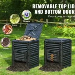 Trädgårdskompostbehållare 80 Gal, BPA-fri, stor kapacitet, utomhus, topplock, bottendörr, enkel montering, snabb bördig jord.