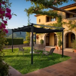 Trädgårdspergola 3x4 m stål 2,4 m vattentät med 4 sidomarkiser