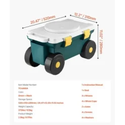 Trädgårdsscooter med säte, 52x31x28 cm, grå, förvaring