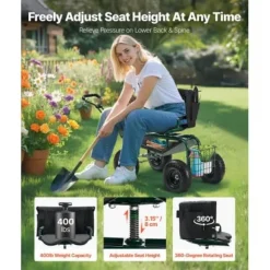 Trädgårdssits med hjul, 81x48x69 cm, Grön, Justerbar höjd Förvaring