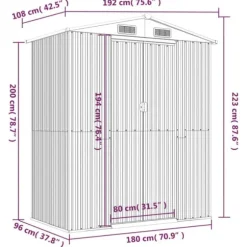 Trädgårdsskjul i galvaniserat stål - Utomhusförvaring för redskap | Färg: Ljusgrå | Storlek: 192x108x223 cm