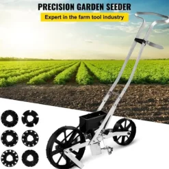 Trädgårdssåmaskin i metall, med 6 fröplattor, manuell radsådd för gräsfrön och bakgårdsjordbruk.