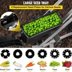 Trädgårdssåmaskin i metall, med 6 fröplattor, manuell radsådd för gräsfrön och bakgårdsjordbruk.