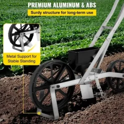 Trädgårdssåmaskin i metall, med 6 fröplattor, manuell radsådd för gräsfrön och bakgårdsjordbruk.