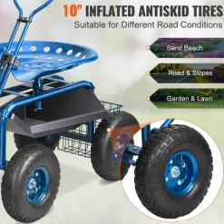 Trädgårdsvagn med hjul, 360° vridbar sits, verktygsbricka, perfekt för uteplats och gård, blå.