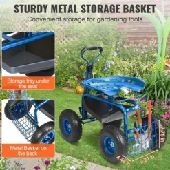 Trädgårdsvagn med hjul, 360° vridbar sits, verktygsbricka, perfekt för uteplats och gård, blå.