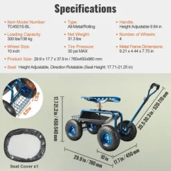 Trädgårdsvagn med hjul, 360° vridbar sits, verktygsbricka, perfekt för uteplats och gård, blå.