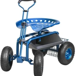 Trädgårdsvagn med hjul, 360° vridbar sits, verktygsbricka, perfekt för uteplats och gård, blå.