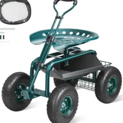 Trädgårdsvagn med hjul, rullande sittplats, 360° vridbar, verktygsbricka för trädgård och utomhus, grön.