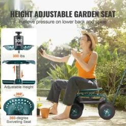 Trädgårdsvagn med hjul, rullande sittplats, 360° vridbar, verktygsbricka för trädgård och utomhus, grön.