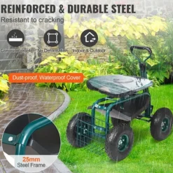 Trädgårdsvagn med hjul, rullande sittplats, 360° vridbar, verktygsbricka för trädgård och utomhus, grön.