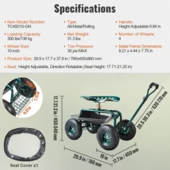 Trädgårdsvagn med hjul, rullande sittplats, 360° vridbar, verktygsbricka för trädgård och utomhus, grön.