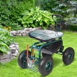Trädgårdsvagn med hjul, rullande sittplats, 360° vridbar, verktygsbricka för trädgård och utomhus, grön.