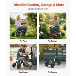 Trädgårdsvagn på hjul, Modell Rullande med Vridbart Säte, Terränghjul, Verktygslåda, Kapacitet 136 kg
