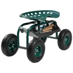 Trädgårdsvagn på hjul, Modell Rullande med Vridbart Säte, Terränghjul, Verktygslåda, Kapacitet 136 kg