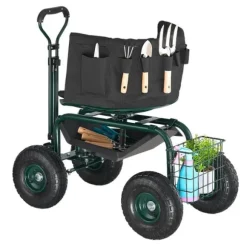 Trädgårdsvagn på Hjul, Rullande Modell med Vridbart Säte, Utdragbart Handtag, Förvaringslåda