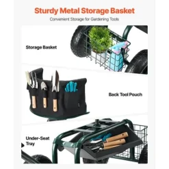 Trädgårdsvagn på Hjul, Rullande Modell med Vridbart Säte, Utdragbart Handtag, Förvaringslåda