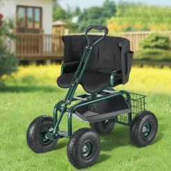 Trädgårdsvagn på Hjul, Rullande Modell med Vridbart Säte, Utdragbart Handtag, Förvaringslåda