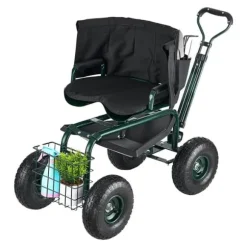 Trädgårdsvagn på Hjul, Rullande Modell med Vridbart Säte, Utdragbart Handtag, Förvaringslåda