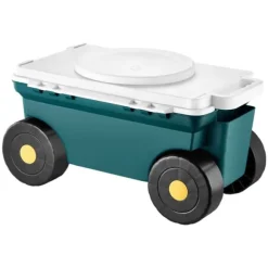 Trädgårdsvagn på hjul, Scootermodell med säte, 114 kg bärkapacitet, förvaringslåda och sittdyna