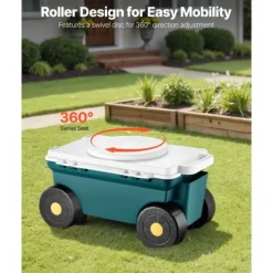 Trädgårdsvagn på hjul, Scootermodell med säte, 114 kg bärkapacitet, förvaringslåda och sittdyna