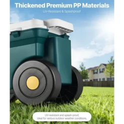 Trädgårdsvagn på hjul, Scootermodell med säte, 114 kg bärkapacitet, förvaringslåda och sittdyna