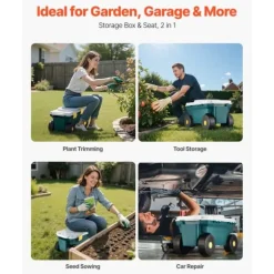 Trädgårdsvagn på hjul, Scootermodell med säte, 114 kg bärkapacitet, förvaringslåda och sittdyna