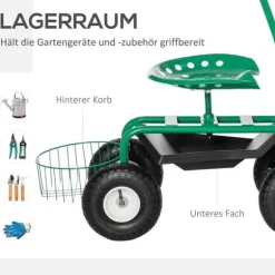 Trädgårdsvagn/verkstadsvagn med roterbar sits & korg, höjdjusterbar, 150 kg, grön, 81×44,5×46–59 cm