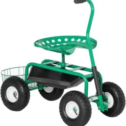 Trädgårdsvagn/verkstadsvagn med roterbar sits & korg, höjdjusterbar, 150 kg, grön, 81×44,5×46–59 cm