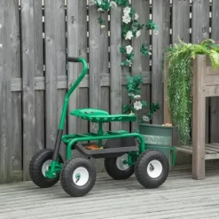 Trädgårdsvagn/verkstadsvagn med roterbar sits & korg, höjdjusterbar, 150 kg, grön, 81×44,5×46–59 cm