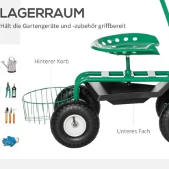 Trädgårdsvagn/verkstadsvagn med roterbar sits & korg, höjdjusterbar, 150 kg, grön, 81×44,5×46–59 cm