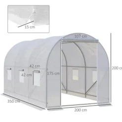Trädgårdsväxthus - Utomhusmodell - 3,5 x 2 x 2 m - 6 nätfönster - Vit