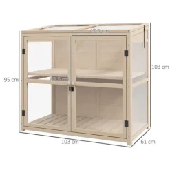 Trädrivbänk 2-stegs med dubbeldörr & takfönster, vindskydd, 103x61x103 cm, natur