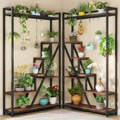 Tribesigns 7-Vånings Växtställ, Blomsterställ för Inomhusbruk, Växthylla Gjord av Stål, Trä, Flervånings Blomsterhylla, 105 x 30 x 180 cm Hög Blomtrap | CDON