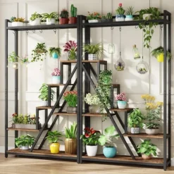 Tribesigns 7-Vånings Växtställ, Blomsterställ för Inomhusbruk, Växthylla Gjord av Stål, Trä, Flervånings Blomsterhylla, 105 x 30 x 180 cm Hög Blomtrap | CDON