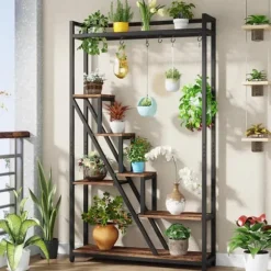 Tribesigns 7-Vånings Växtställ, Blomsterställ för Inomhusbruk, Växthylla Gjord av Stål, Trä, Flervånings Blomsterhylla, 105 x 30 x 180 cm Hög Blomtrap | CDON