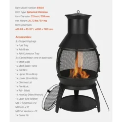 22-tums Chiminea Utomhusspis i Järn, med Grillnät och Skorstensbeläggning, Robust och Väderbeständig