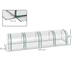 Tunnelväxthus 395x100x80 cm, 4 zip-fönster, stålram, transparent duk