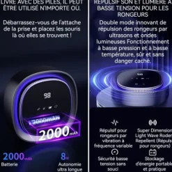 Ultraljudsavvisande för möss 2000 mAh 3 lägen Säkert material Multifunktionellt avvisande för myggor för hemmet